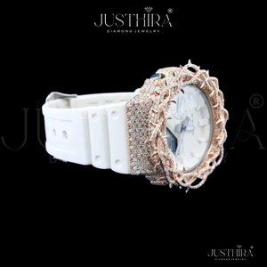 นาฬิกาดิจิตอลสีขาวสุดหรูสไตล์ฮิปฮอป พร้อมกรอบหน้าปัดสีโรสโกลด์ประดับเพชรระยิบระยับ ดีไซน์ทันสมัยสำหรับแฟชั่นสุดโดดเด่น - Product Image 4