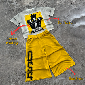 Ensemble short et t-shirt homme personnalisé à ourlet brut, motif délavé soleil, en coton imprimé sérigraphié, style streetwear, fabricant OEM ODM en gros - Product Image 1