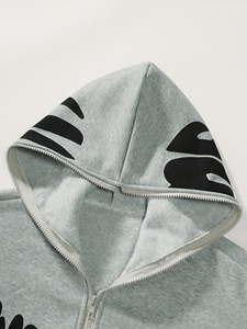 Oversized Hoodie <b>Men</b> Gray Zipper Front Letter Print Streetwear Breathable Knitted Cotton Sweatshirt Autumn Regular Fit Custom - Product Image 4