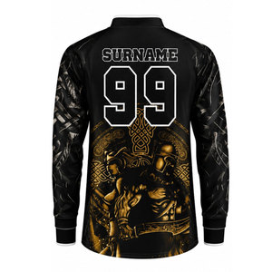 Camiseta de Paintball Sublimada Personalizada para Hombre, Manga Larga, Cuello en V, Negra y Dorada, Uniforme Deportivo Estilo Guerrero Celta - Product Image 3