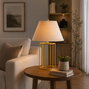 Lampe de table en fer écologique artisanale dorée moderne KS International avec abat-jour en tissu, lampe de bureau décorative pour chambre à coucher, salon - Product Image 2