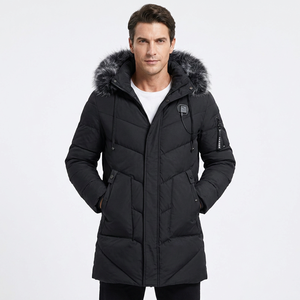 Veste longue à capuche pour homme avec garniture en fourrure, coupe-vent, parka d'hiver épaisse, fermeture éclair décontractée, manteau noir uni - Product Image 5