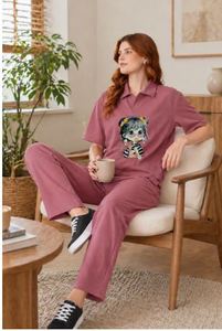 Women's 2-Piece Casual Pajama Set With Character Print Loose Fit Knitted Cotton Tops And <b>Pants</b> Full Length Turn-Down Collar - Product Image 4