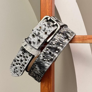 Ceinture en cuir de vachette véritable occidentale de haute qualité pour hommes et femmes avec œillets en argent et boucle à double broche pour un style audacieux - Product Image 4