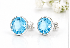 Natural Blue Topaz Silver <b>Stud</b> <b>Earrings</b> – Faceted Blue Topaz Gemstone <b>Earrings</b> – Handmade December Birthstone Jewelry - Product Image 1