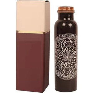 Bohemian Hammered Copper Water Bottle Blue Grid Design Portable Travel <b>Drinkware</b> with Lid - Product Image 4