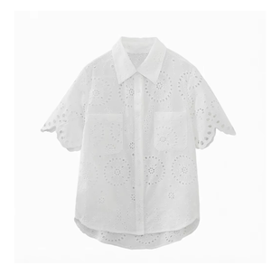 Camisa Blanca de Manga Corta para Mujer, con Hombros Caídos, Botones, Bordado Calado, Algodón, Corte Holgado Informal, Cuello Camisero, Primavera-Verano - Product Image 4