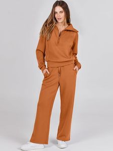 Women Winter Solid Color Half-<b>Zip</b> Fleece 2 in 1 Tracksuit Set Full Sleeve Loose Fit with Side Pockets Drawstring Pants Casual - Product Image 1