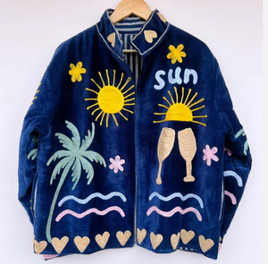 Chaqueta Bomber Acolchada de Terciopelo Bordada Cin Cin para Otoño, Diseño de Palmeras y Corazones, Transpirable, Ropa Exterior para Mujer - Product Image 1