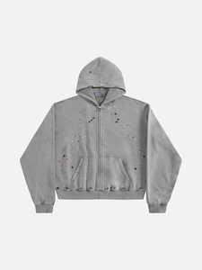 Sweat à capuche zippé court en molleton de coton épais, avec étoile en strass, délavé à l'acide, coupe oversize, style streetwear pour homme - Product Image 2