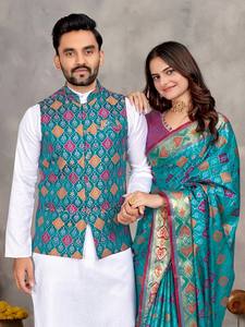 Elegant Men Ethnic Outfit <b>With</b> Weaving Silk <b>Jacket</b> And Premium <b>Saree</b> Set - Product Image 2
