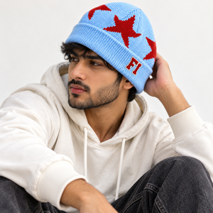 Bonnet en tricot à motif étoile de haute qualité pour hommes, bonnet d'hiver à revers, casquette en tricot côtelé extensible, chapeau personnalisé avec broderie, fournisseur B2B en gros - Product Image 4