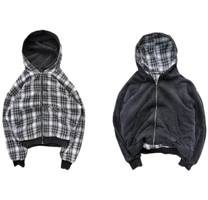 Sweat-shirts et sweats à capuche pour hommes, logo personnalisé OEM, broderie, sweat à capuche réversible, double couche, vintage, à carreaux, 100% coton, hiver - Product Image 1