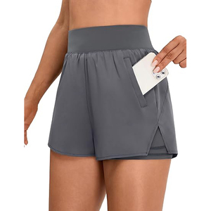 Shorts Deportivos 2 en 1 de Cintura Alta Color Gris Oscuro para Mujer, Shorts de Entrenamiento de Poliéster de Doble Capa con Bolsillos Laterales para Teléfono - Product Image 1