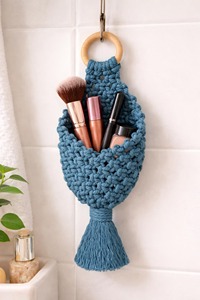 Blue Macrame <b>Basket</b> For Makeup Brush Holder Stylish Cutlery Holder <b>Basket</b> Multipurpose Organizer Handcrafted From India - Product Image 5