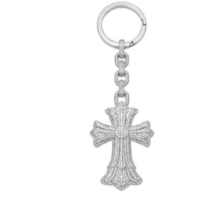 Premium iced out cross keychain pendant solid 18K white gold <b>set</b> lab grown diamonds bold gothic design secure key <b>ring</b> - Product Image 1