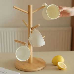Wooden Cup Holder Stand with Rectangular Handle Top and 3 Ceramic Coffee Cups plus Saucer <b>Storage</b> Base <b>Kitchen</b> Organizer - Product Image 3