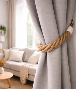 Jute Rope Curtain <b>Tieback</b> with White Cotton Accent – Natural Textured Decor - Product Image 2