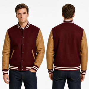 Veste varsity bordeaux pour homme, très tendance, avec manches en cuir beige |   Col côtelé et boutons-pression |   Fabricant OEM ODM - Product Image 1