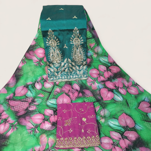 Conjunto Completo de Lujo Verde Esmeralda con Estampado Floral Suizo Dirac y Panel Bordado en Oro para Bodas Somalíes - Product Image 1