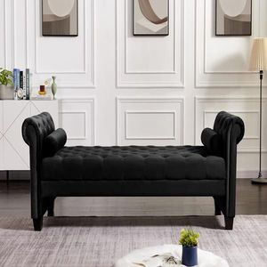 Black Rectangular Velvet <b>Sofa</b> Bench with Solid Wood Legs & Attached Cylindrical Pillows for <b>Living</b> <b>Room</b> - Product Image 1