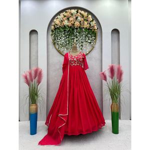 ด้าย georgette ที่น่าสนใจกับชุดทำงานที่มีสีแดง dupatta - Product Image 6