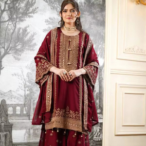 ชุดชาราร่าผ้าจอร์เจตต์ปักลายด้วยด้ายและเลื่อม พร้อมผ้าคลุมไหล่ สำหรับงานแต่งงาน ราคาถูกที่สุด เสื้อผ้าชาติพันธุ์ - Product Image 1