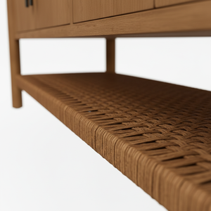 Buffet en bois tressé naturel à 4 portes avec étagère en rotin, meuble de rangement moderne en bois et tissu tressé, pieds ronds - Product Image 4