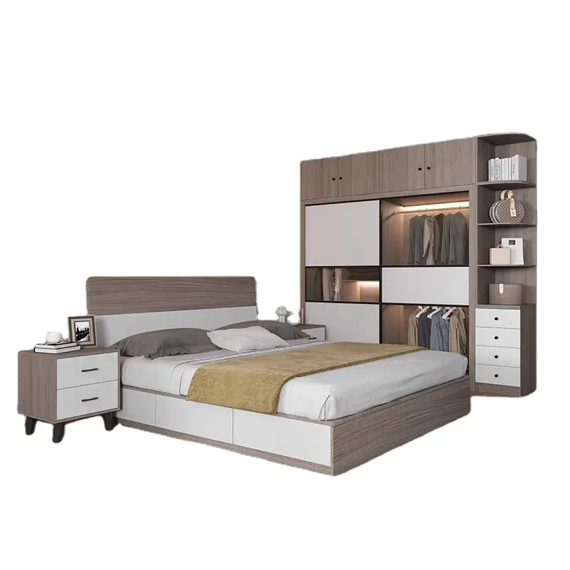 PANNEAU moderne Mobilier de chambre Nouveau design Style moderne en bois mélamine Lit king size Lit queen size Lit double avec rangement