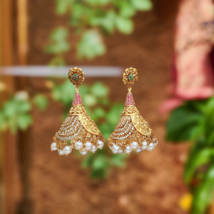 Chandelier Drop Earrings-Ethnic Religious Classic Trendy Zircon Pearl Cone Jhumkis Fashion Jewellery - Product Image 2