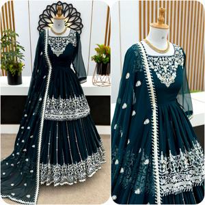 Faux Georgette Casual Dresses Set Heavy Embroidery Lace Cute Free Size 42 XL Top Semi-Stitched Lehenga Dupatta with <b>Sequin</b> Work - Product Image 3