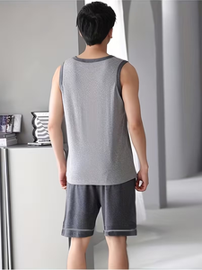 Men's Gray Sleeveless Tank Top Set Crew Neck Knitted Cotton Breathable Casual Summer Wear - Product Image 2