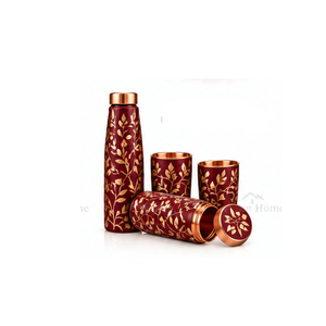 Ensemble de bouteilles d'eau en cuivre à motif floral rouge, vaisselle portable pour les voyages - Product Image 1