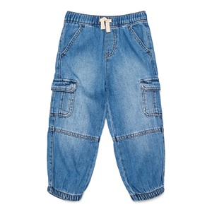 Pantalon cargo en jean ample et confortable pour garçons, style vintage, en coton élasthanne, taille élastique, jean doux et épais, multi-poches, avec revers. - Product Image 2