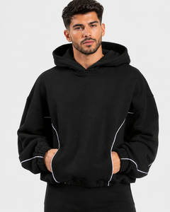 Ensemble de survêtement en molleton de coton surdimensionné noir pour hommes avec lignes contrastées, qualité supérieure, personnalisable avec logo, vente en gros OEM - Product Image 3
