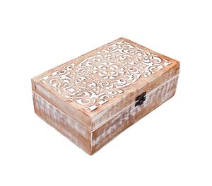 Boîte à bijoux en bois blanchi artisanale de luxe avec couvercle sculpté en dentelle blanche complexe, organisateur de rangement rectangulaire pour le rangement - Product Image 1