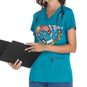Women Teal Scrub Top Short Sleeve V-Neck Heart Print Stethoscope Design Pockets Hospital Uniform Blouse Needle Detection - Product Image 2