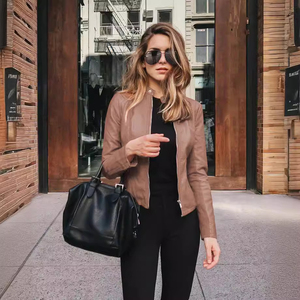 Women's Autumn/Winter Waterproof Woven PU Motorcycle <b>Jacket</b> <b>Short</b> Blazer-style with Button-Up Collar Solid Color - Product Image 3