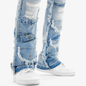 Pantalon cargo en denim déchiré pour homme avec logo sur le devant, style streetwear décontracté, jean en coton mi-lourd - Product Image 3