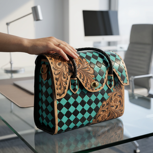 Vintage Genuine <b>Leather</b> Tote Bag With Floral <b>Tooled</b> Paneled Designer Black Teal Checkered Pattern Hasp Closure Women's Daily Use - Product Image 6