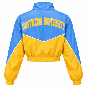 Chaqueta Corta Cortavientos Personalizada Southern University SU HBCU Azul y Dorado con Bloques de Color, Cremallera Completa, Estilo Bomber Universitario para Mujer, Venta al por Mayor - Product Image 2