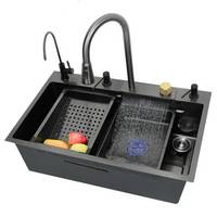 Évier de cuisine multifonctionnel en acier inoxydable avec cascade, poste de travail à cuve unique, robinet extractible et ensemble de rinçage de verres