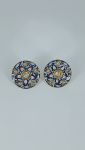 Luxury Fashion Earing Gold Finish Navy <b>Blue</b> Hand Painted Floral Round <b>Stud</b> <b>Earrings</b> Premium Women Jewelry - Product Image 2
