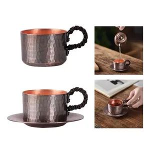 Tasse à thé en cuivre martelé de style japonais avec poignée en corde tressée, vaisselle artisanale faite à la main pour la cérémonie du thé en plein air - Product Image 2