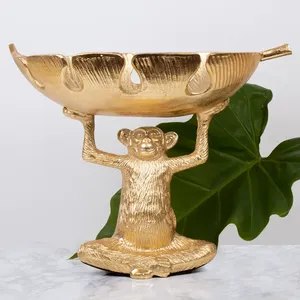 Figura de Mono Chapada en Oro con Tazón, Decoración para el Hogar, Escultura de Animal, Arte en Fundición de Latón - Product Image 1