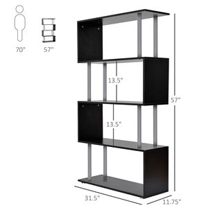 Libreria a 5 Ripiani a Forma di S in Legno, Scaffale Decorativo Moderno per Casa e Ufficio, Colore Nero - Product Image 3