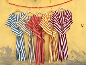 Striped Cotton <b>Kaftan</b> Women Robe V Neck Wrap Dress Maxi <b>Cover</b> <b>Up</b> Lounge Wear Beach Sleepwear - Product Image 1
