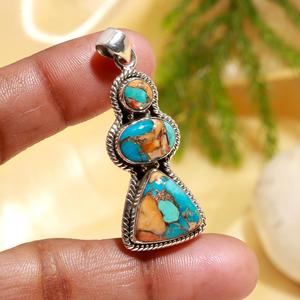 Latest Natural Oyster Spiny Copper Turquoise Pendant 925 Sterling <b>Silver</b> <b>Necklace</b> Women Boho Statement Jewelry - Product Image 2