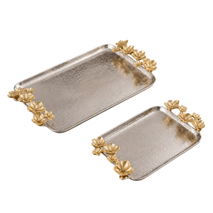 Plateau de service rectangulaire en métal avec poignées dorées en forme de fleur, vaisselle décorative élégante pour les fêtes, finition polie durable - Product Image 1