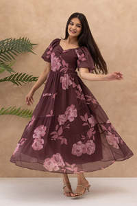 Vestido Maxi de Gasa con Estampado Floral, Manga Abullonada, Escote Corazón, Corte en A, Holgado, Informal de Verano, Hermoso y Elegante - Product Image 4